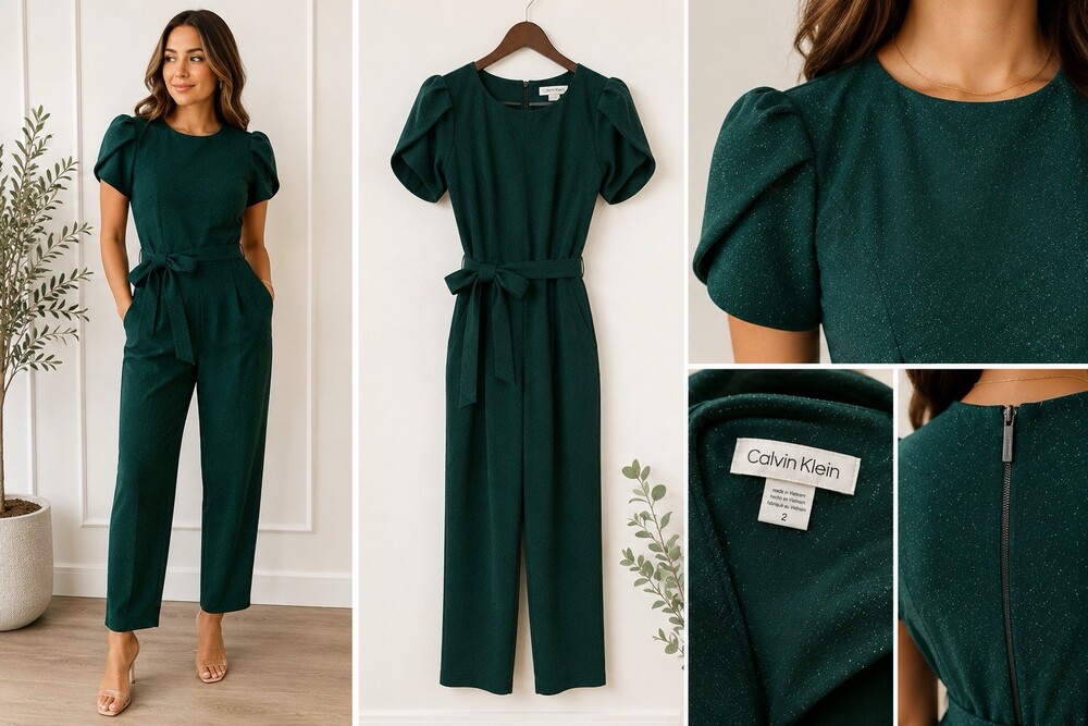 Calvin Klein Jumpsuit Womens Sz 2 Glitter Emerald Green Ruffle Sleeve Belted